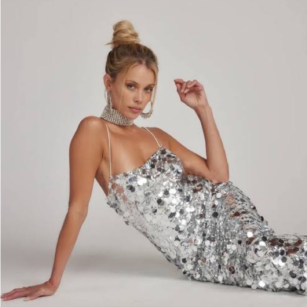 12th Tribe Silver Sequin Midi Slip Dress with Spaghetti Straps